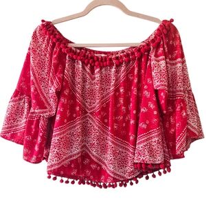 Tularosa Alexa Red Bandana PomPom Off The Shoulder Coastal Cowgirl CropTop Small